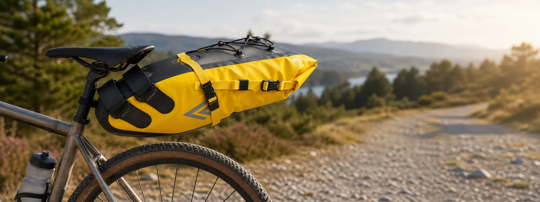 Side-on view of a yellow and black waterproof saddle pannier bag strapped beneath a bike saddle on a gravel bike, shown outdoors on a rocky trail with mountains and trees in the background.