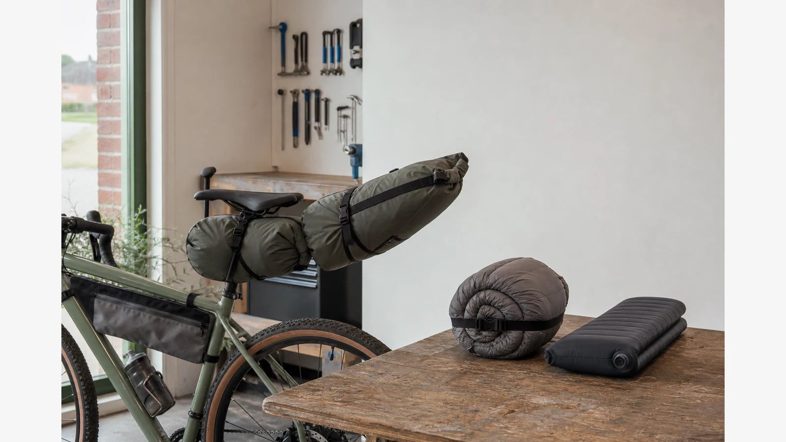 Two roll-top bike seat packs of different lengths beside a compressed sleeping bag on a gravel bike