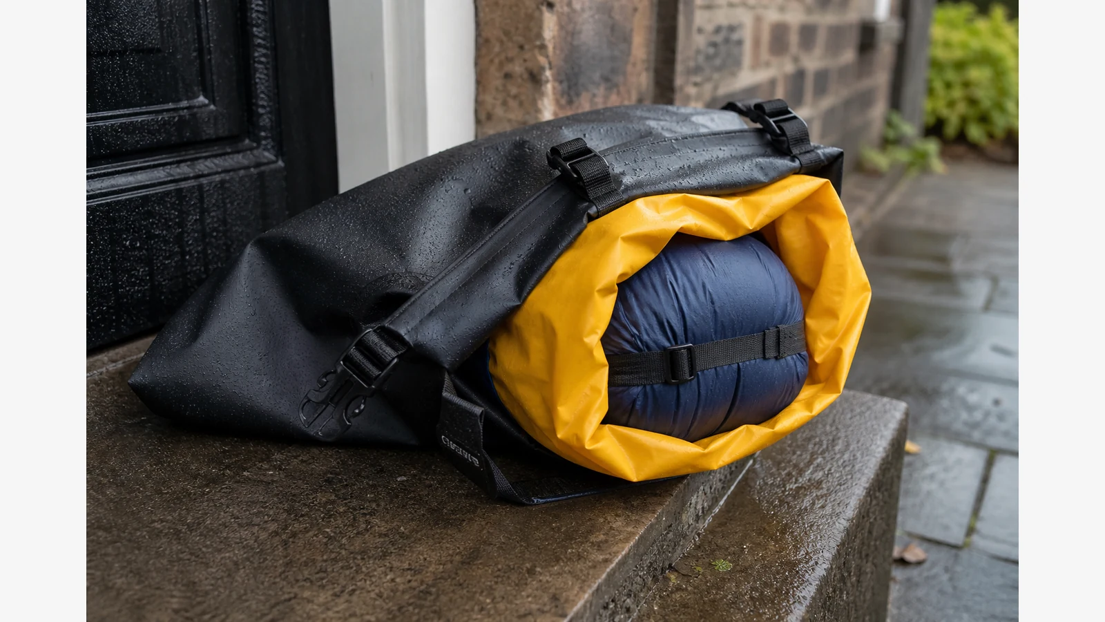 Waterproof bike seat pack opened to show an inner dry bag liner around a sleeping bag