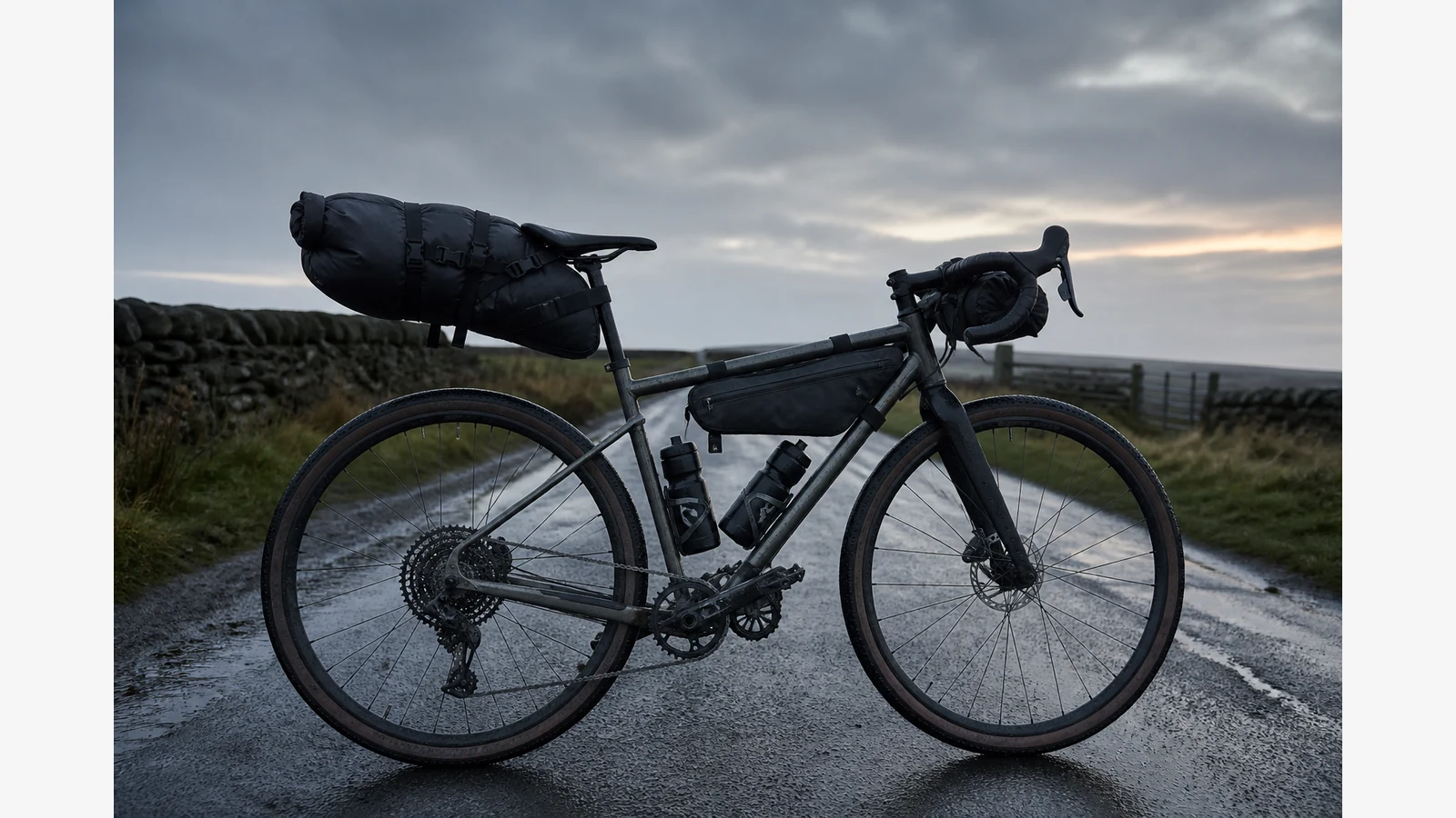 Gravel bike packed for an overnight with sleep kit in the rear seat pack and a front handlebar roll